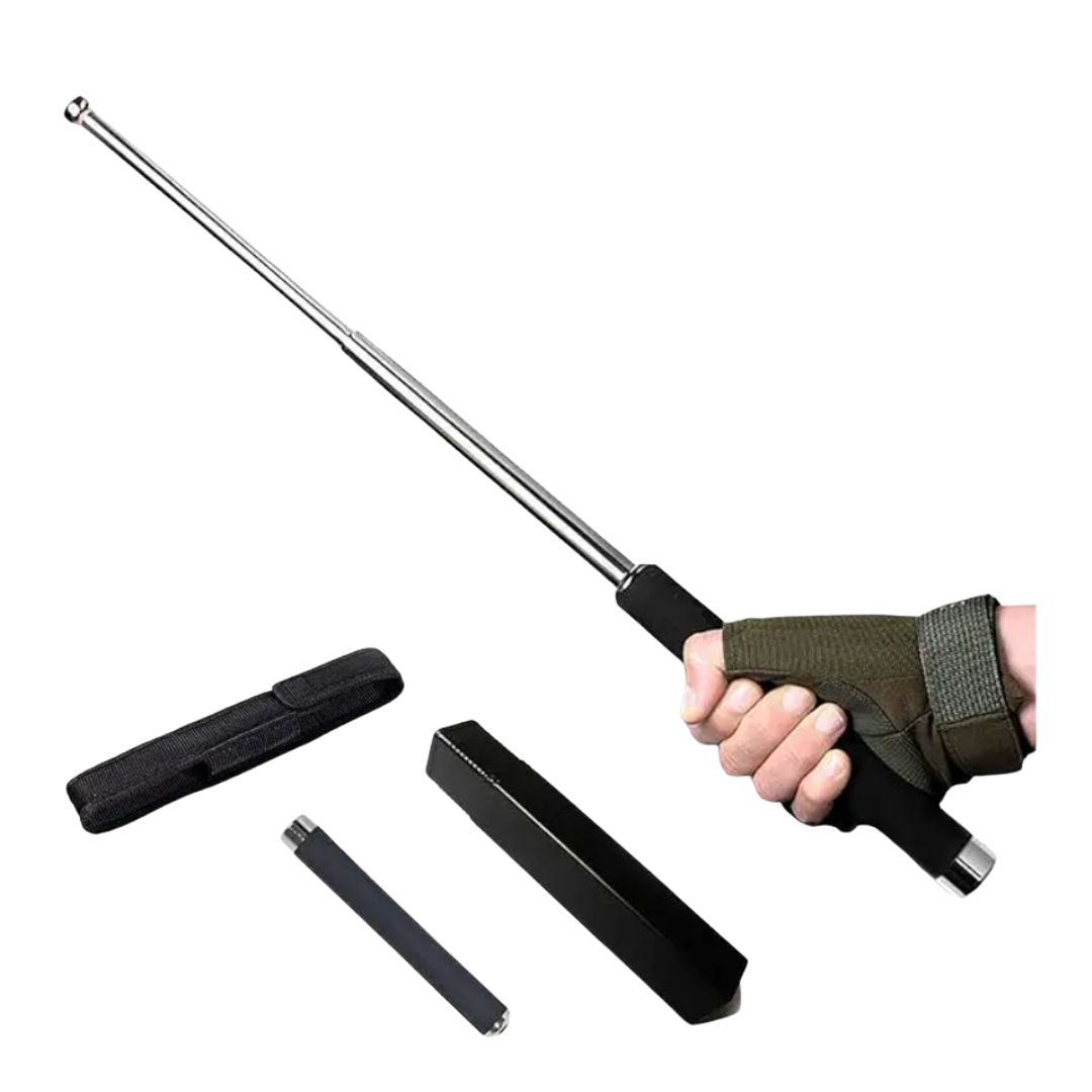 Silver self defense stick with black handle and carrying pouch on white background | সিলভার সেলফ ডিফেন্স স্টিক, কালো হ্যান্ডেল ও বহনের পাউচসহ সাদা ব্যাকগ্রাউন্ডে